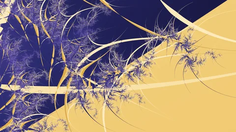 Goldwire: cream and gold filaments branching over a field split between deep indigo and gold, with violet fronds along them.