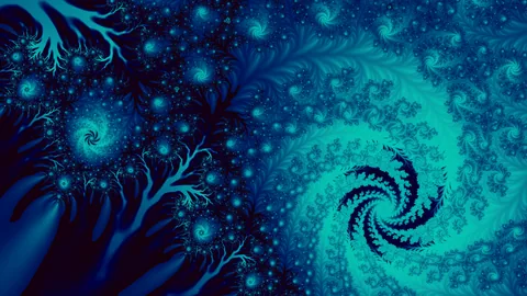 Night Sky: a deep blue field with a tight spiral turning low and to the right, in a pool of turquoise light.