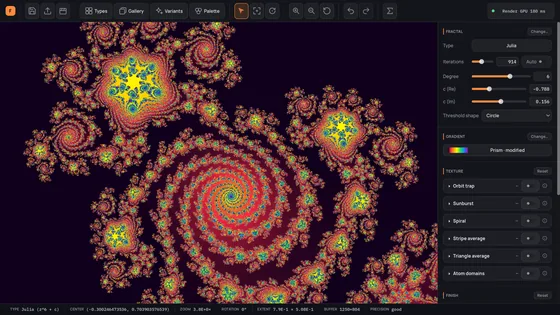 The Fractaria main window, a crimson and gold Julia spiral filling the canvas.