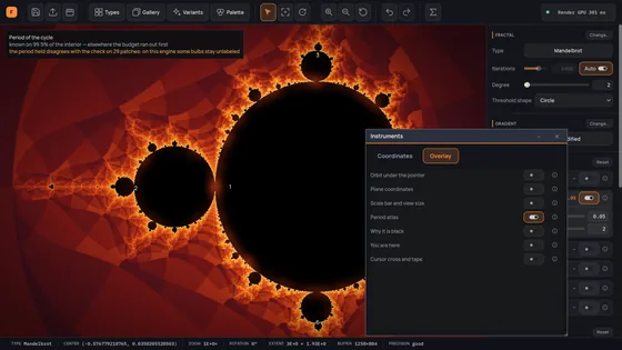The instruments panel and the period atlas over a fractal.