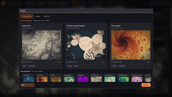 The community gallery inside Fractaria: three featured presets above the last twenty published.