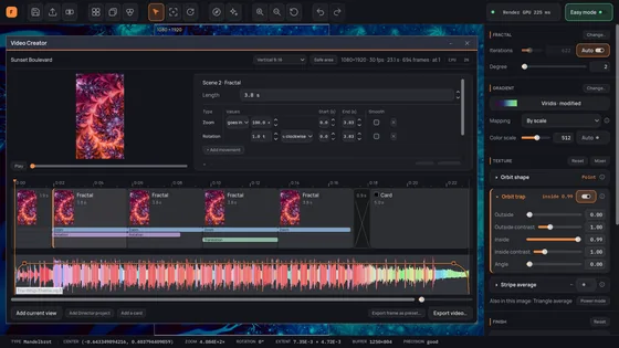 The Video Creator over the live view: a vertical preview, the movements of the chosen scene, and the timeline with its scenes, a card and the waveform of the music.