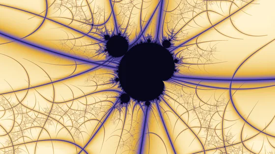 The same view with the orbit trap on: violet stems and a lace of filaments spread across an ivory field.