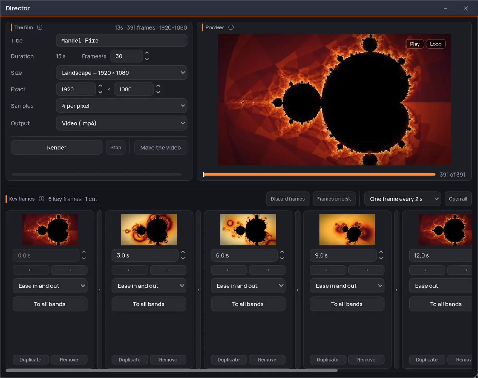 The Director window: the film's settings and the render controls at the top left, the preview at the top right, and the key frames in a row along the bottom — each with its thumbnail, its time and its pace, and a handle between two of them to open the stretch.
