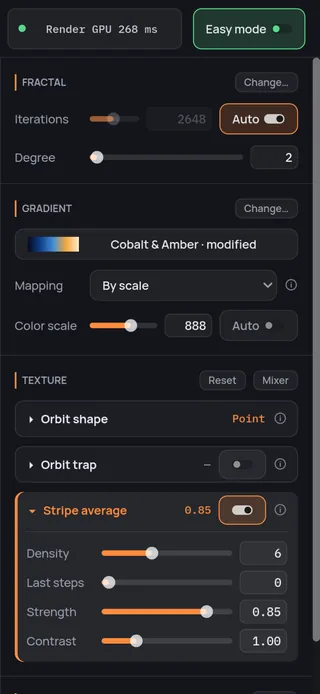 The sidebar in Easy mode: the switch reads Easy mode; Fractal shows iterations and degree, Gradient the palette, its mapping and color scale, and Texture three cards — orbit shape, orbit trap, and the stripe average opened.