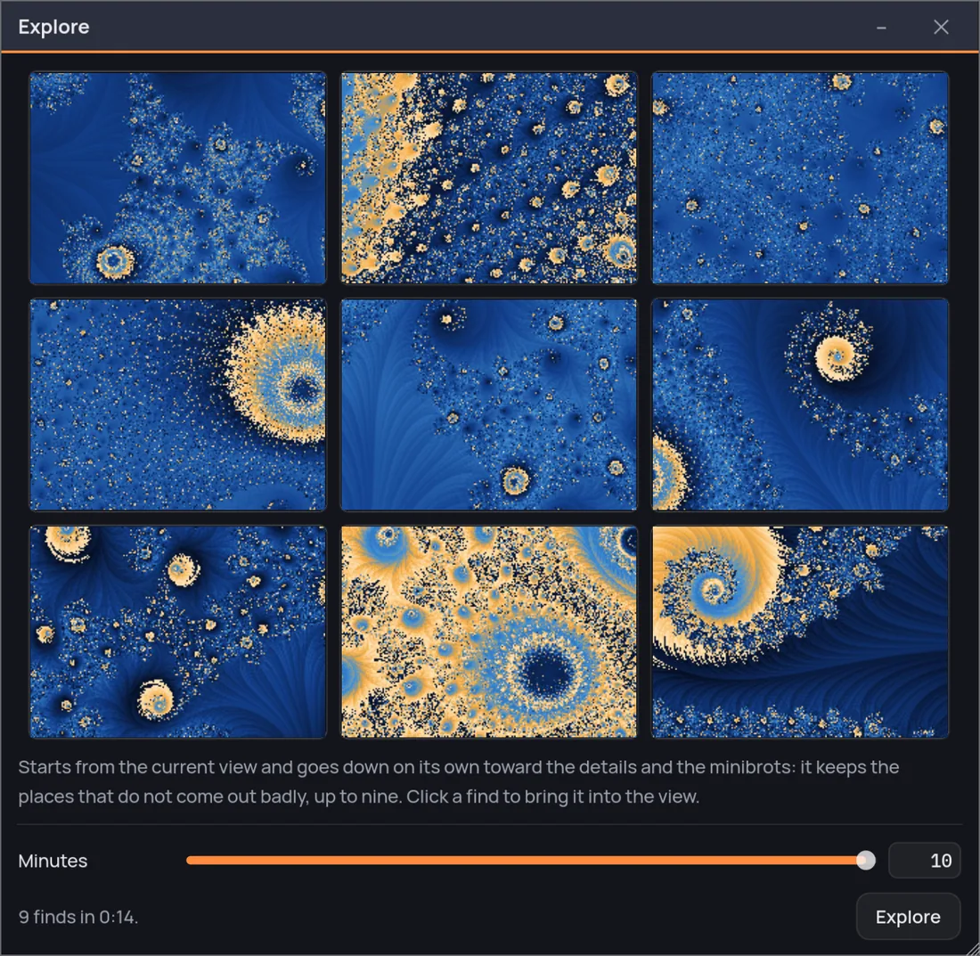 The Explore window after a walk from Blue Plume: nine finds in a three-by-three grid — spirals, minibrots and filaments in navy and gold — the line saying what it does, the Minutes slider, and «9 finds in 0:14» beside the Explore button.