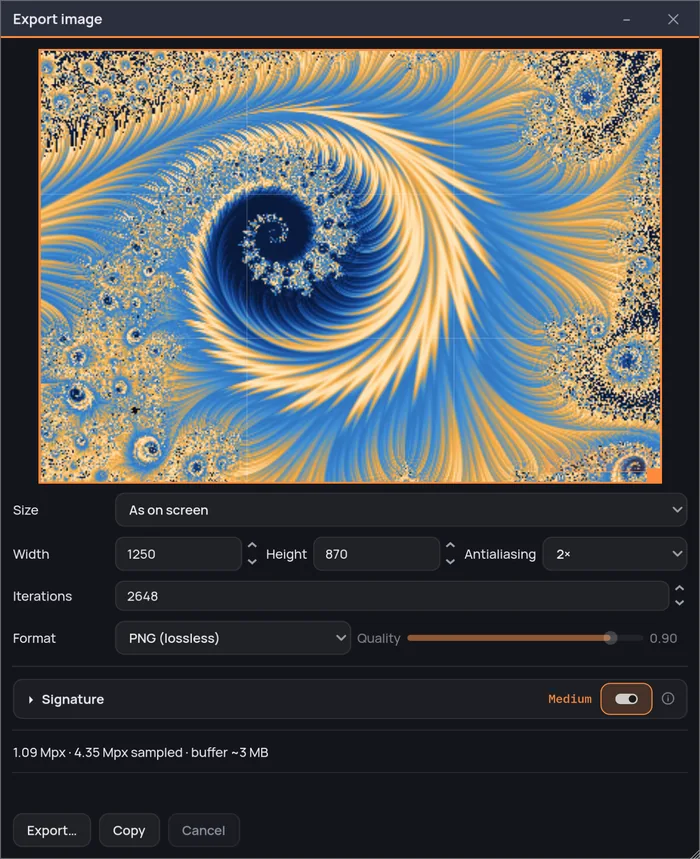 The export window set to As on screen, 1250 × 870: width, height and Antialiasing on one row, then iterations, then the format with its dimmed quality slider, the Signature card, a cost line reading 1.09 Mpx · 4.35 Mpx sampled · buffer ~3 MB, and Export…, Copy and Cancel at the foot.
