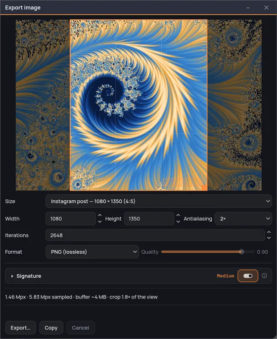 Fractaria's export window: the size menu set to Instagram post — 1080 × 1350 (4:5), a 4:5 framing mask with thirds guides over the preview of the fractal and everything outside it dimmed, the Signature card, and a cost line reading 1.46 Mpx · 5.83 Mpx sampled · buffer ~4 MB · crop 1.8× of the view.