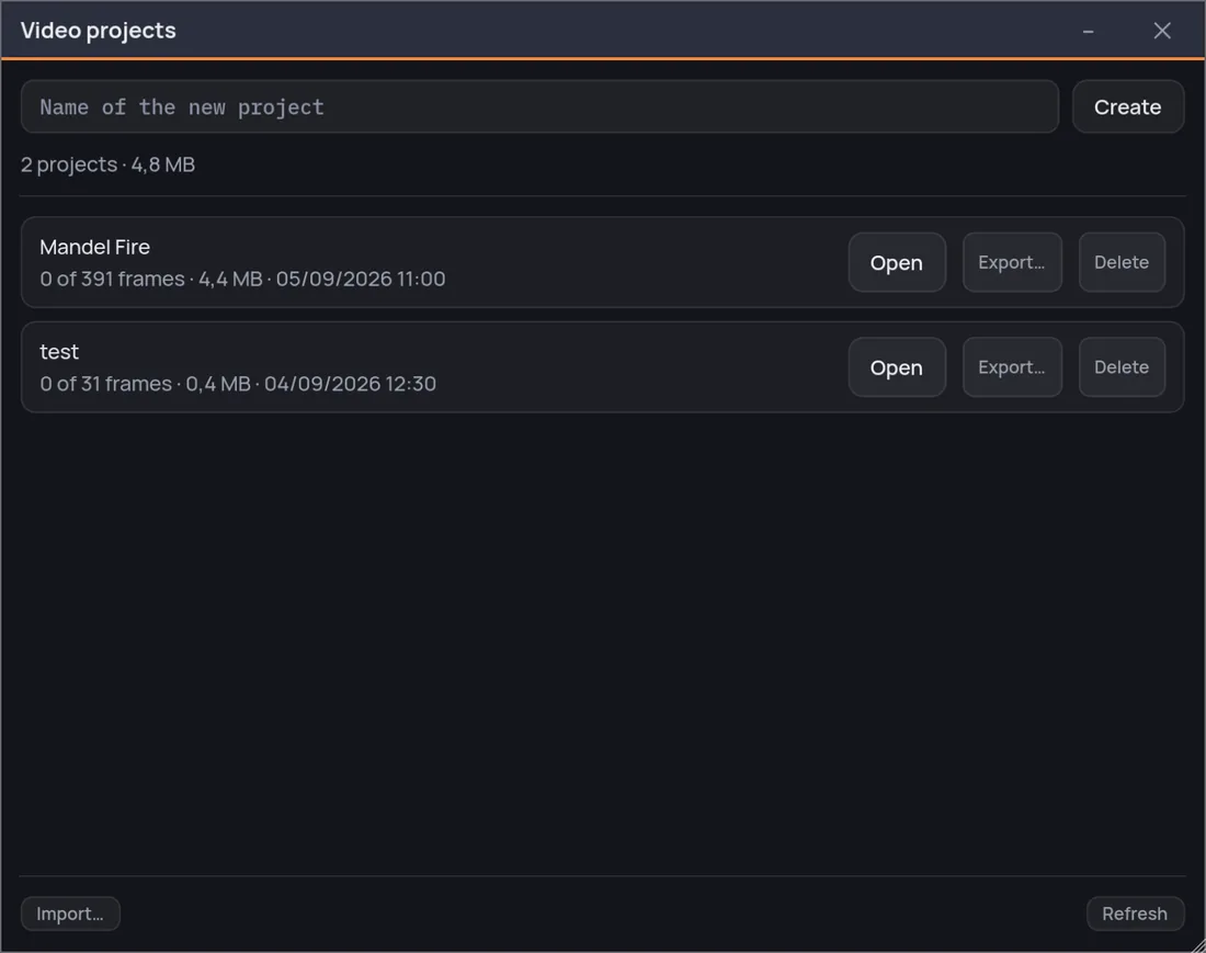 The Video projects window: a field to name a new project, then each project with how many of its frames are rendered, how much disk they take and when it was last touched, with Open, Export and Delete beside it.