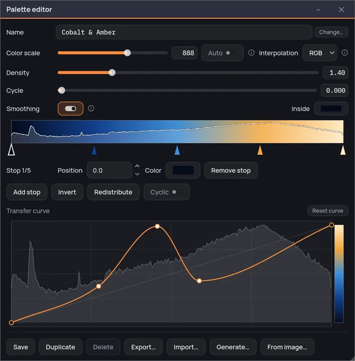 Fractaria's Palette editor: draggable stops along the ramp, and below them a transfer curve drawn over the histogram of where this view's pixels actually fall.