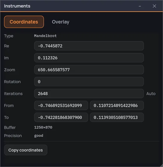 The instruments window, coordinates tab: the type at the top, then writable fields for center, zoom, rotation, iterations and the two corners of the view, buffer and precision read-only underneath, and a single Copy coordinates button.