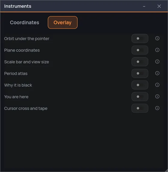 The instruments window, overlay tab: seven measuring overlays — orbit under the pointer, plane coordinates, scale bar and view size, period atlas, why it is black, you are here, cursor cross and tape — each on its own switch, all of them off.