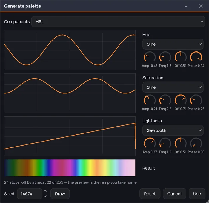The palette generator, just opened: one curve per component — here Red, Green and Blue, still the straight lines it starts from — the waveform menu and its four knobs beside each, and the seed box next to Draw.