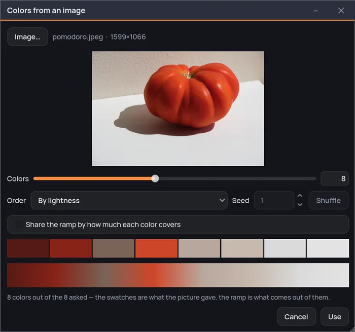 The «Colors from an image» window before a picture is chosen: how many colors to look for, the order they go into the ramp, and whether each one gets an equal slice or a share of the picture.