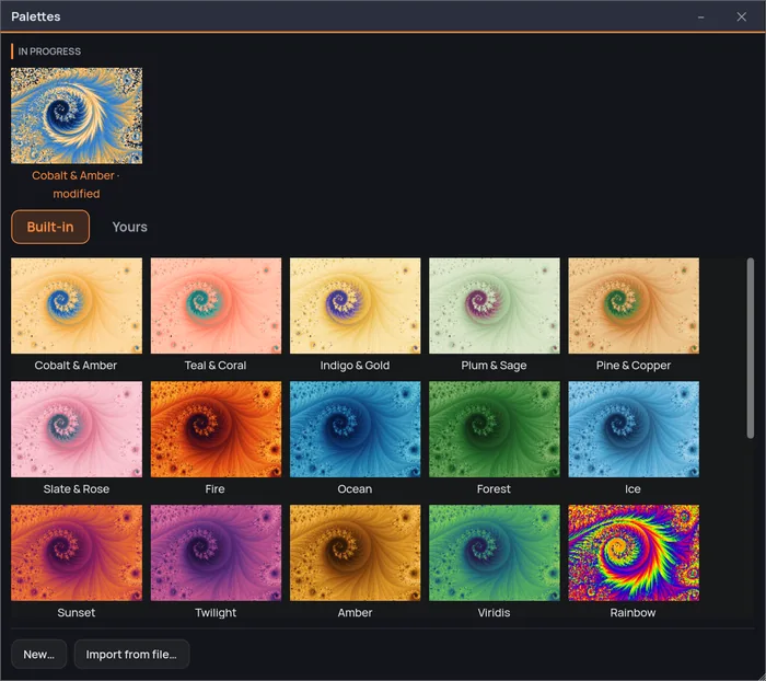 The palette gallery: the fractal you are working on redrawn in every palette, built-in ramps under one tab and your own under another.