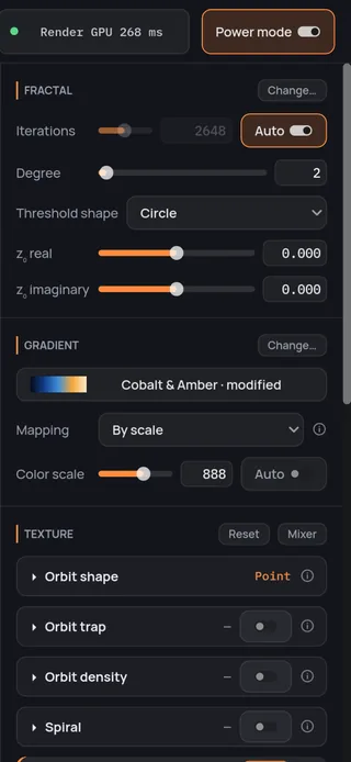 The same sidebar in Power mode: the switch reads Power mode; Fractal adds the threshold shape and the two numbers of the starting point, and Texture adds orbit density and spiral to the cards above.