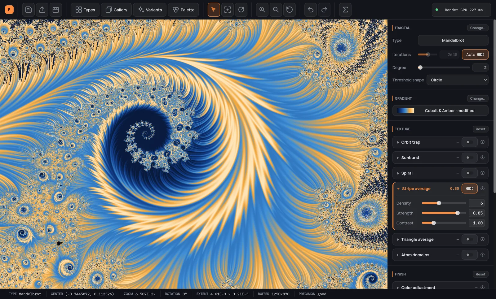 The Fractaria main window: a blue and gold fractal filling the canvas, four of the five panels visible on the right — fractal, gradient, texture and finish — and a data bar along the bottom.