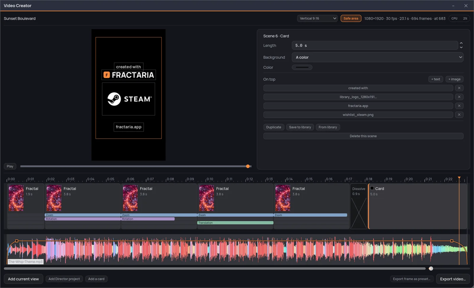 The Video Creator on the closing card of «Sunset Boulevard», with the safe-area guide on: the vertical preview shows «created with», the Fractaria logo, the Steam logo and fractaria.app inside an orange frame, and the card's panel lists the four things on top of it.