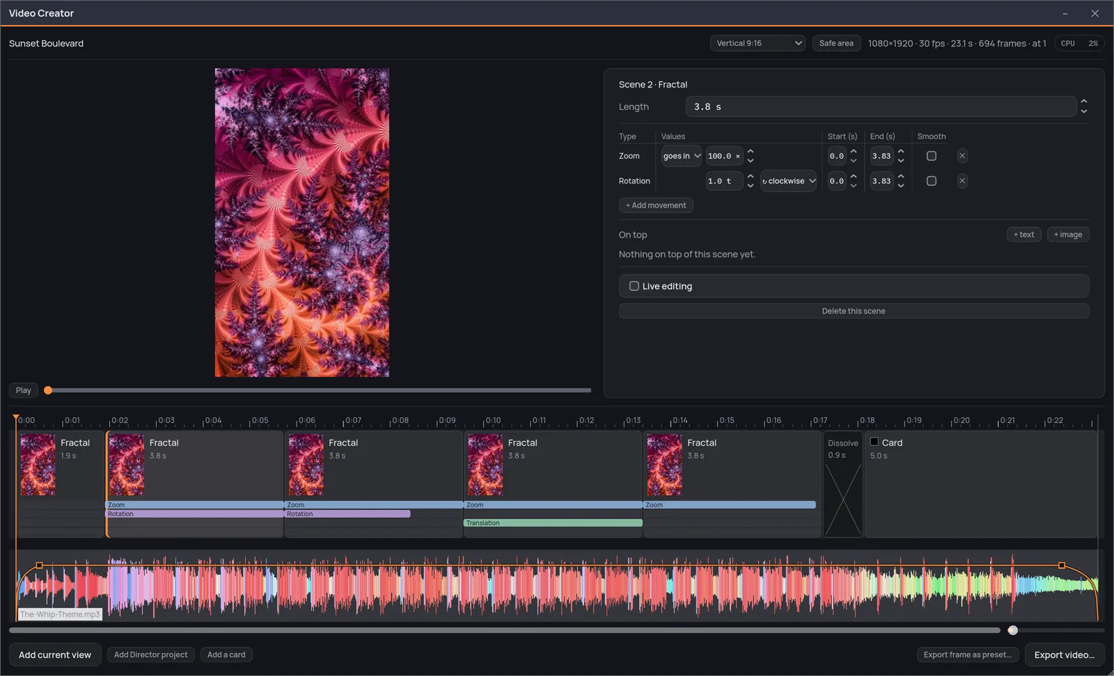 The Video Creator on «Sunset Boulevard»: a vertical preview at the top left, the second scene's movements beside it — a zoom going in and a rotation, each with its start and end — and the timeline underneath, with five fractal scenes, a dissolve, a closing card, the bands of their movements and the waveform of the music.