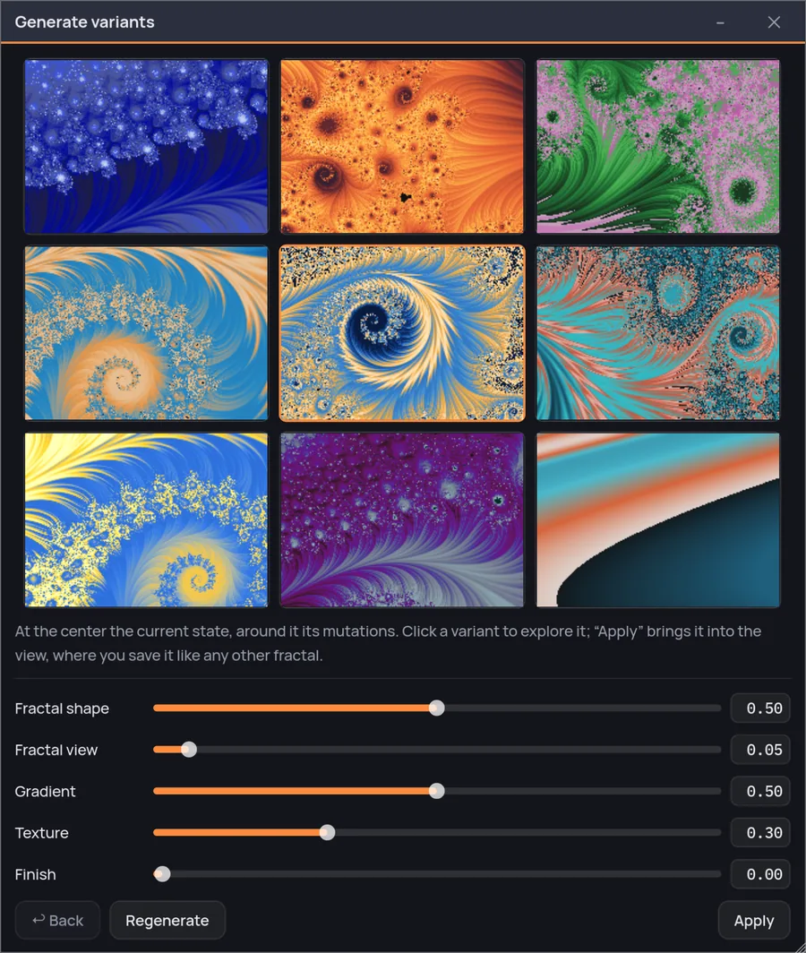 Generation one: the built-in preset Blue Plume, a blue and cream spiral, in the middle of the grid with eight mutations around it. Back is grayed out — there is no earlier grid yet.