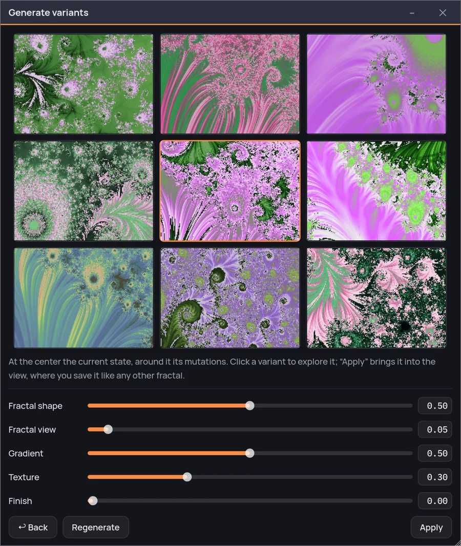 Generation three: green, pink and violet in eight of the nine cells. The bottom left one is still a slate blue field with cream plumes — the colors it started from.
