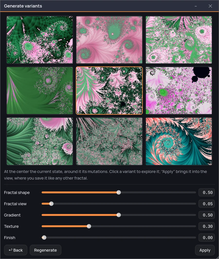Generation four: nine pictures descended from Blue Plume, dark green and pink, one of them back to teal and coral. The five sliders are still where they were in generation one.