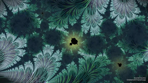 Welcome to the Jungle: fern-like fronds in deep green and pale lilac spreading from every corner, with a small black Mandelbrot island glowing at the center in warm yellow-green.